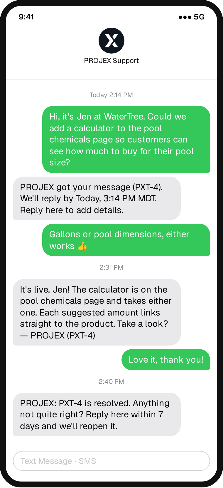 Text conversation: a request, the confirmation with a request number, the fix and a resolved message