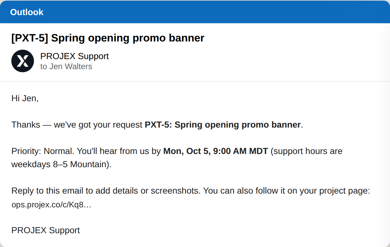 Confirmation email for request PXT-5 with its priority, reply-by time and a link to the project page