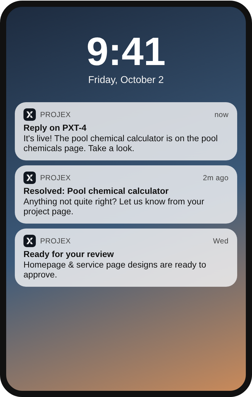 Phone lock screen with PROJEX notifications: a reply on PXT-4, a resolved request and a design ready for review